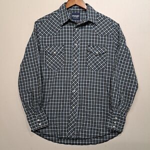 Wrangler Shirt Men's Medium Blue Plaid Cotton Long Sleeve Western Style Cowboy